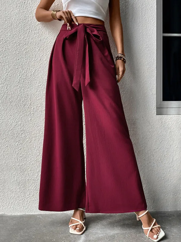 Women's Wide Leg Tailored Trousers With Tie Waist Detail