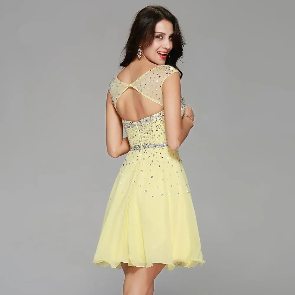 Yellow Chiffon Beaded Crystal Cocktail / Homecoming Dresses