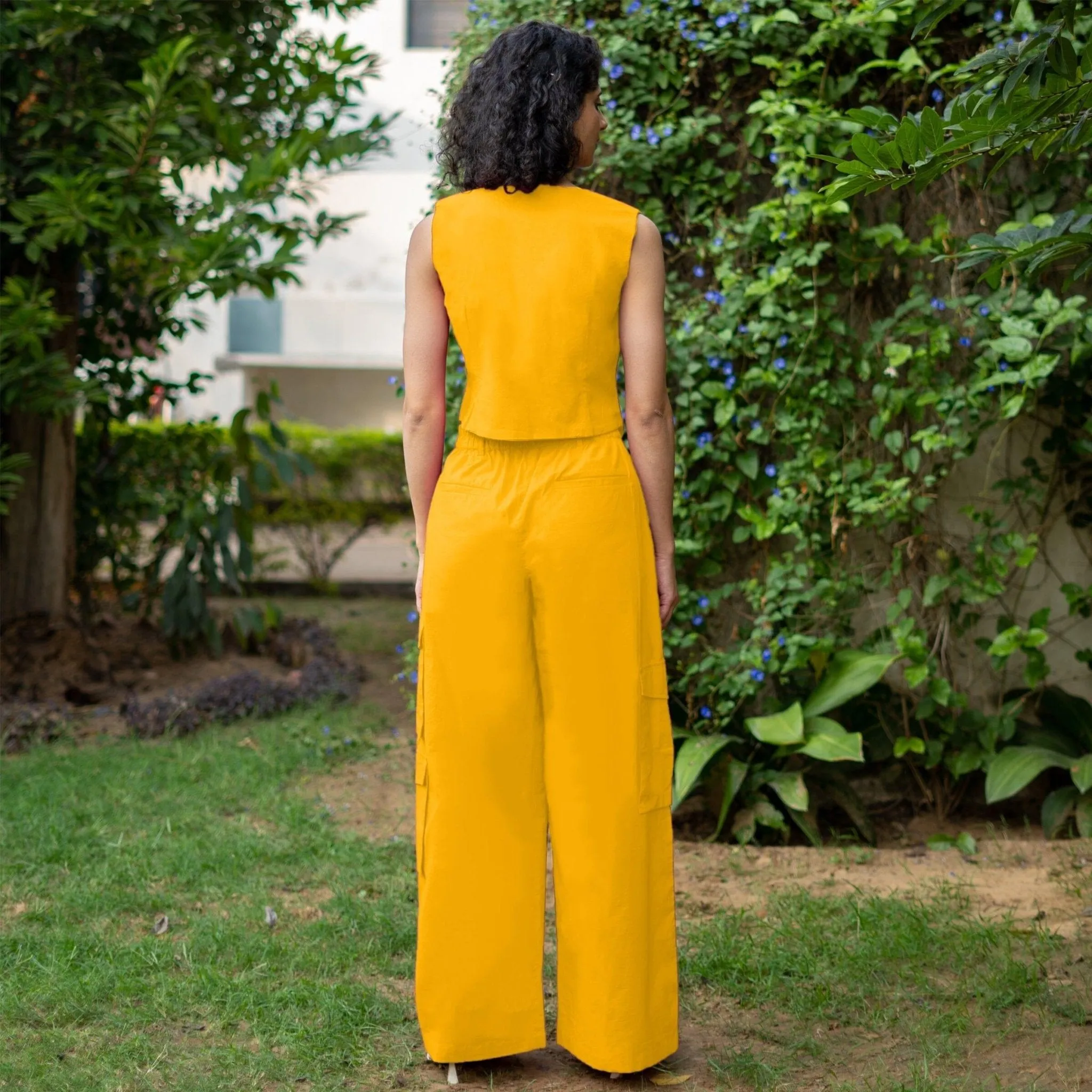 Yellow Cotton Poplin High-Rise Elasticated Wide Legged Cargo Pant